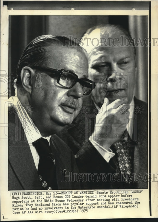1973 Press Photo Hugh Scott and GOP leader Gerald Ford at White House - Historic Images