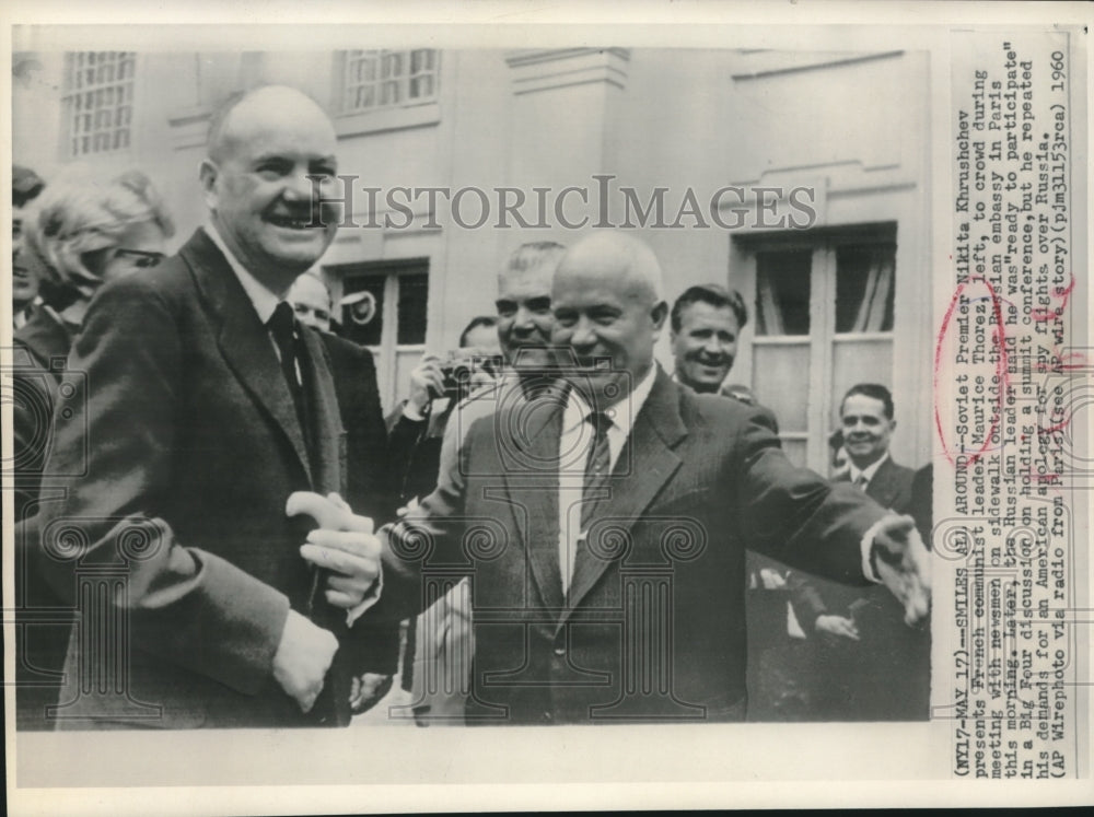 1960 Press Photo Nikita Khrushchev and communist Maurice Thorez at Paris Embassy-Historic Images