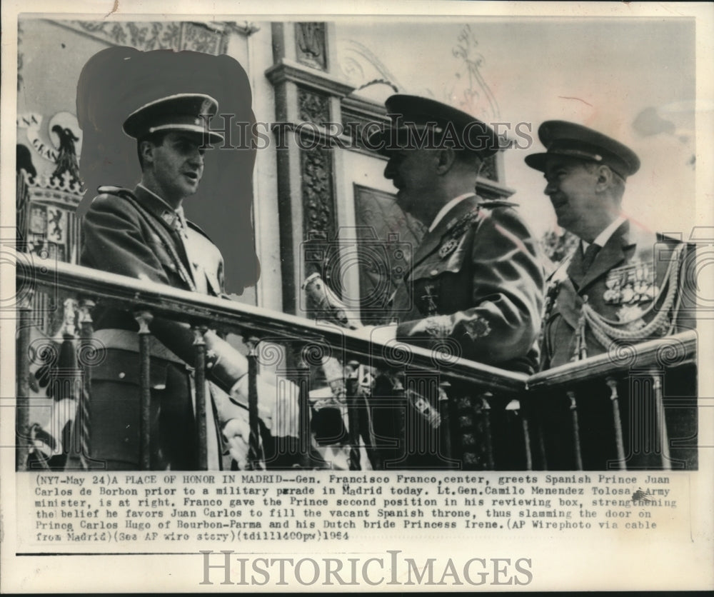 1964, General Francisco Franco greets Prince de Borbon in Madrid. - Historic Images
