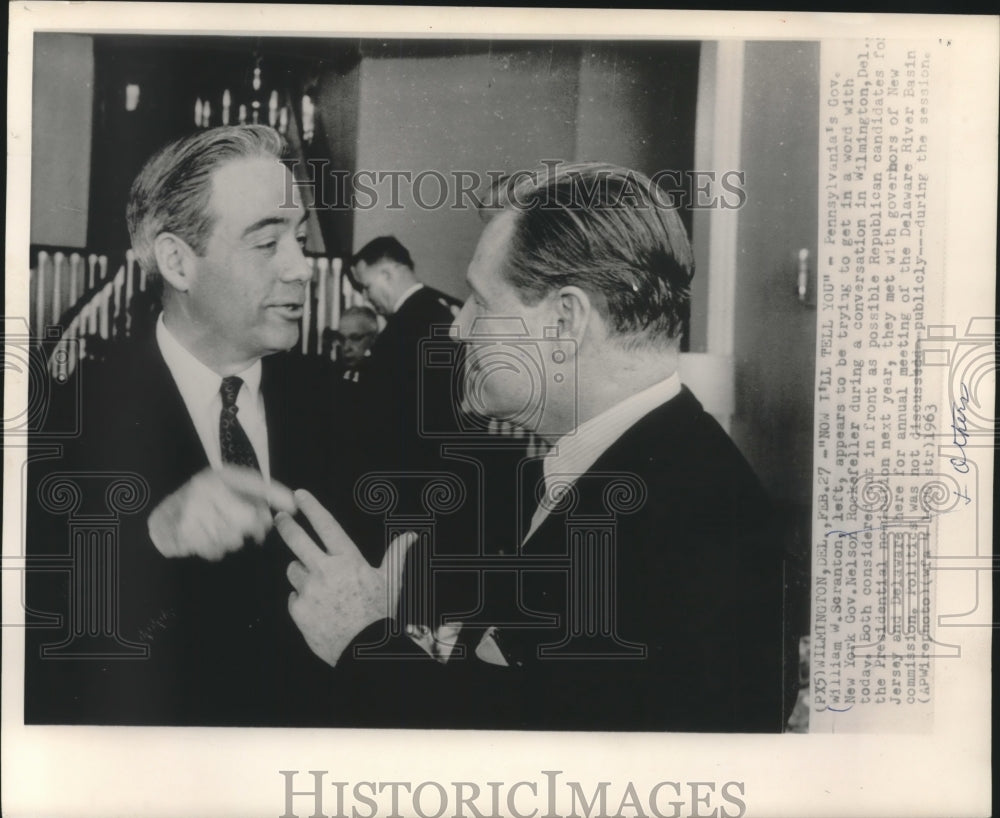 1963, Pennsylvania and New York governors have discussion in Delaware - Historic Images