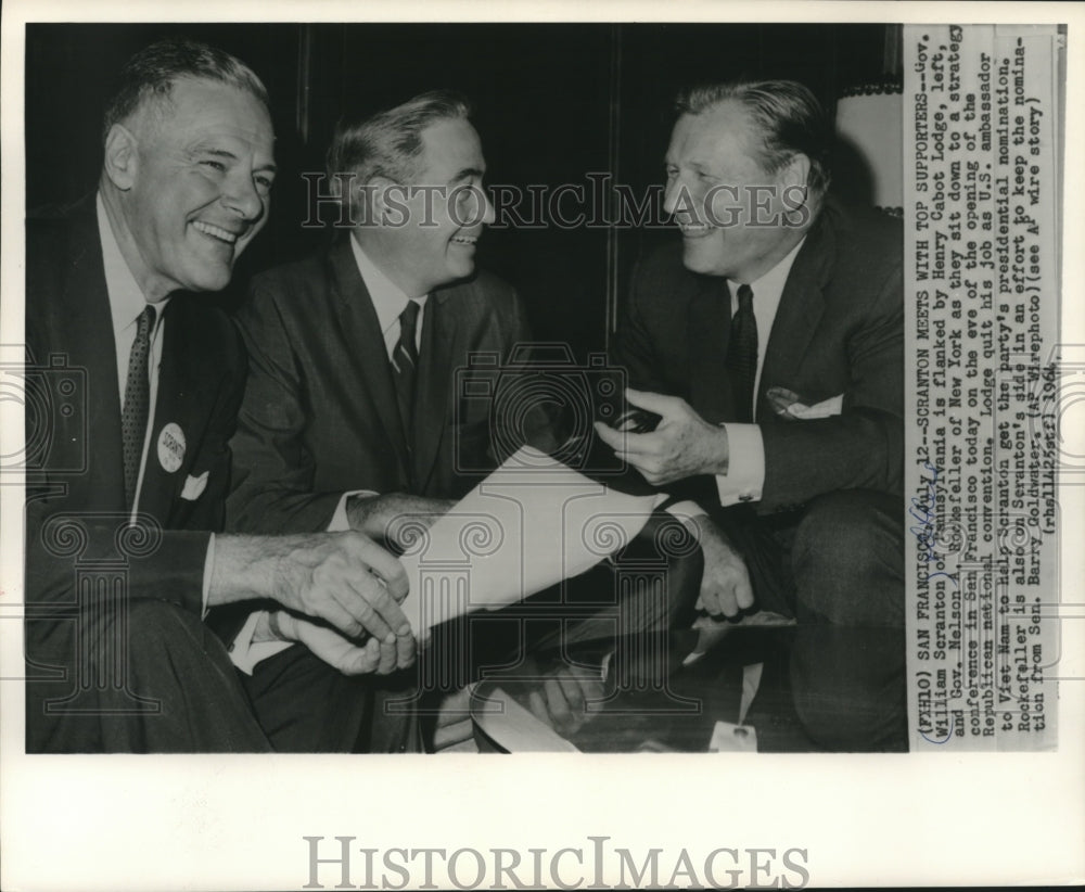 1964 Press Photo Gov. William Scranton, Henry Cabot Lodge &amp; Nelson Rockefeller - Historic Images