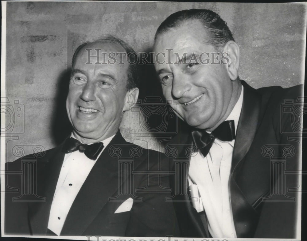 1959, Adlai Stevenson and Lyndon Johnson in tuxedos at fundraiser - Historic Images