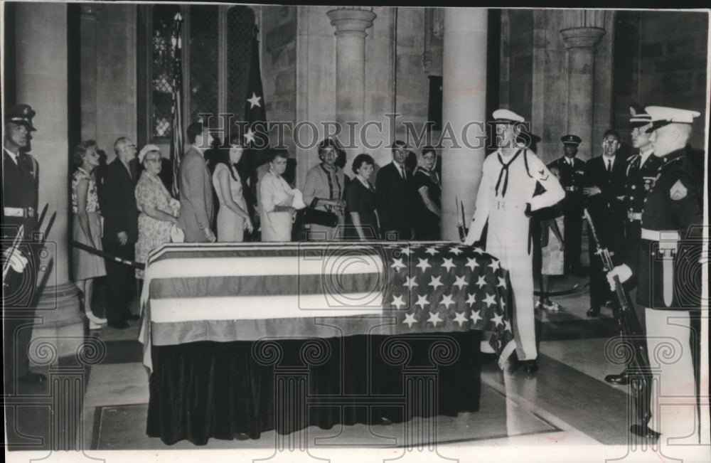 1965, Mourners filed past flag draped casket of Adlai E. Stevenson - Historic Images