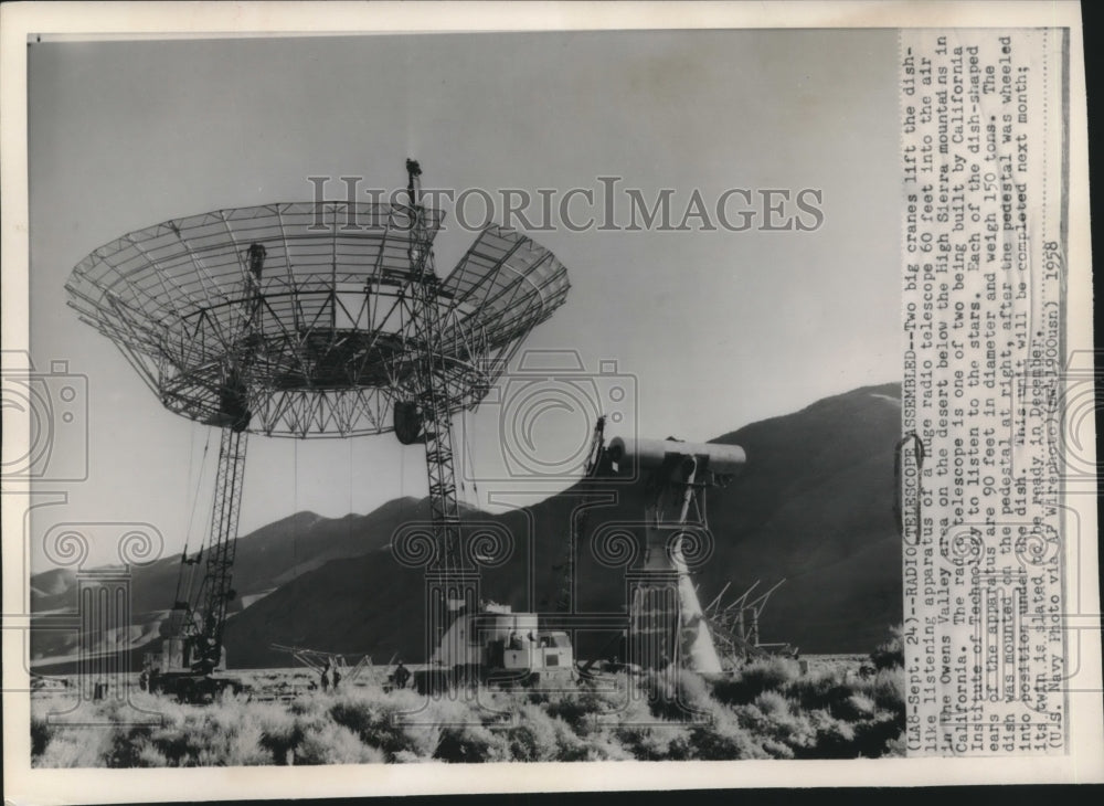 1958 Press Photo Radio Telescope assembled in High Sierra mountains, California. - Historic Images