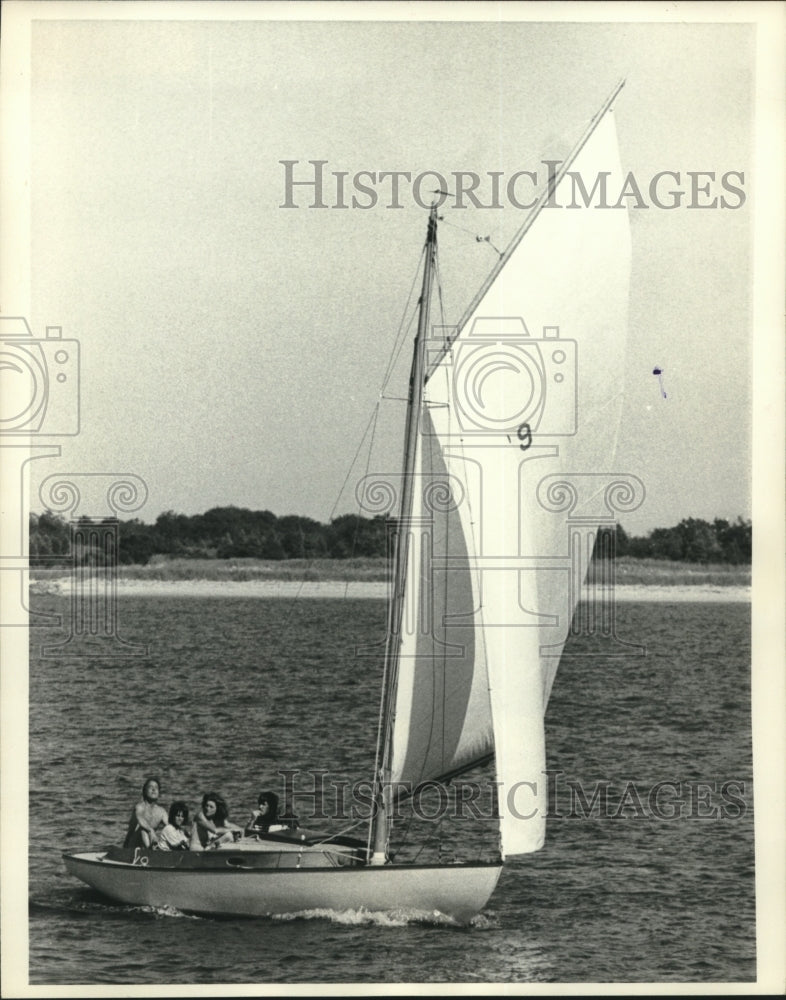 1972, Candidate Sargent Shriver and family sail on Nantucket Sound. - Historic Images
