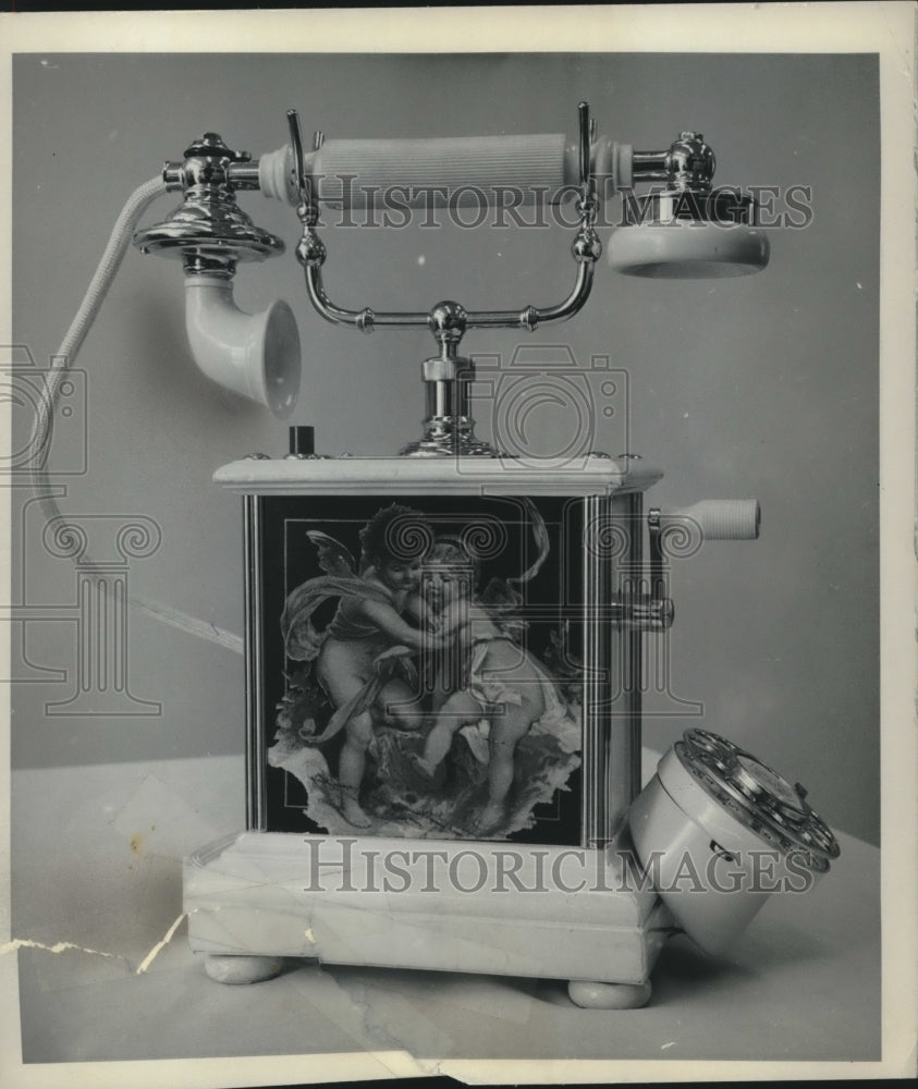 1963 Press Photo Antique cherub decorated phone &quot;Empress of Sweden&quot; New York - Historic Images