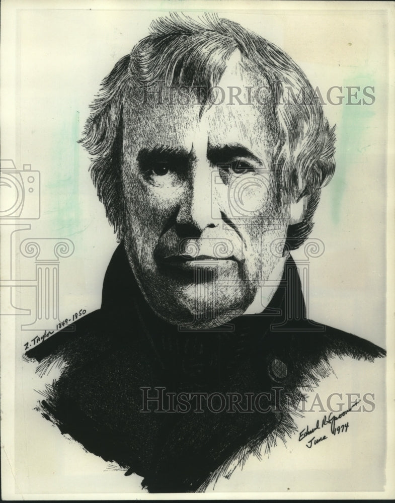1977, A drawing of President Zachary Taylor who died from Typhus - Historic Images