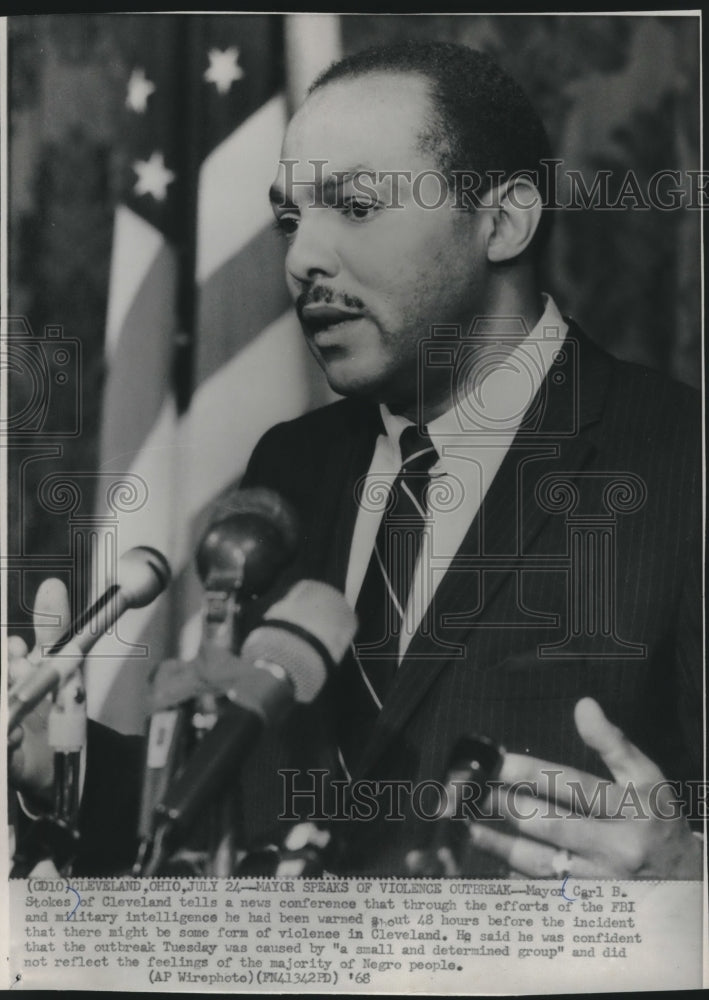 1968, Mayor Carl Stokes speaks at news conference in Cleveland, Ohio - Historic Images