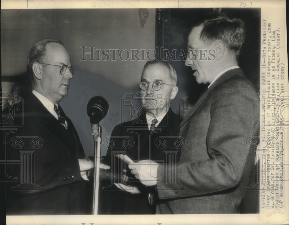 1945, John Snyder being sworn in by Justice Douglas as Truman watches - Historic Images