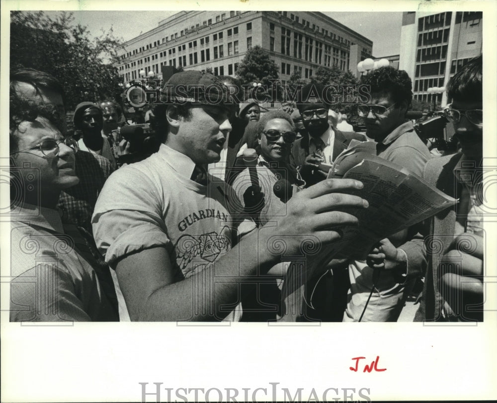 1983, Curtis Silwa Talks to Reporters at the Civic Center Plaza - Historic Images