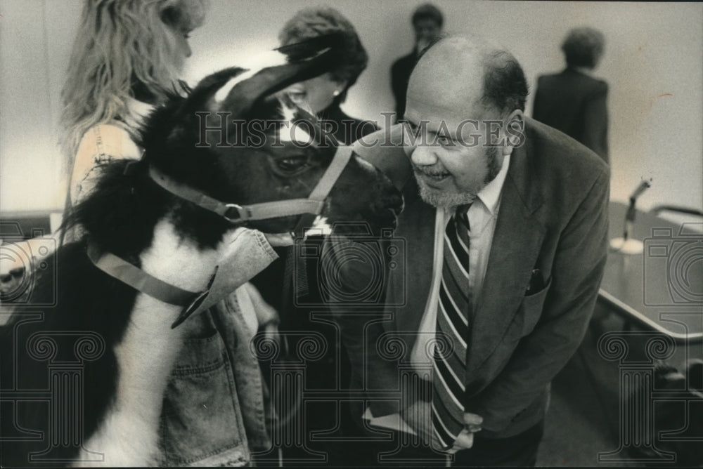 1988 Press Photo Patrick L. Snyder, Waukesha County Chief Judge, looks at llama - Historic Images