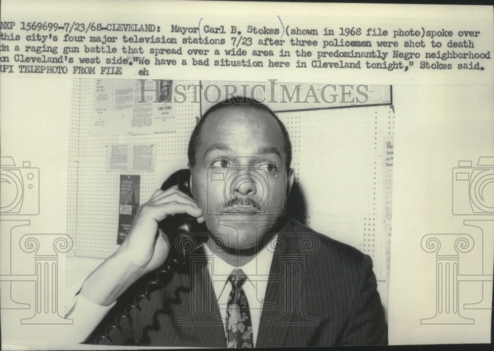 1968, Carl Stokes to T.V. stations after death of police, Cleveland. - Historic Images