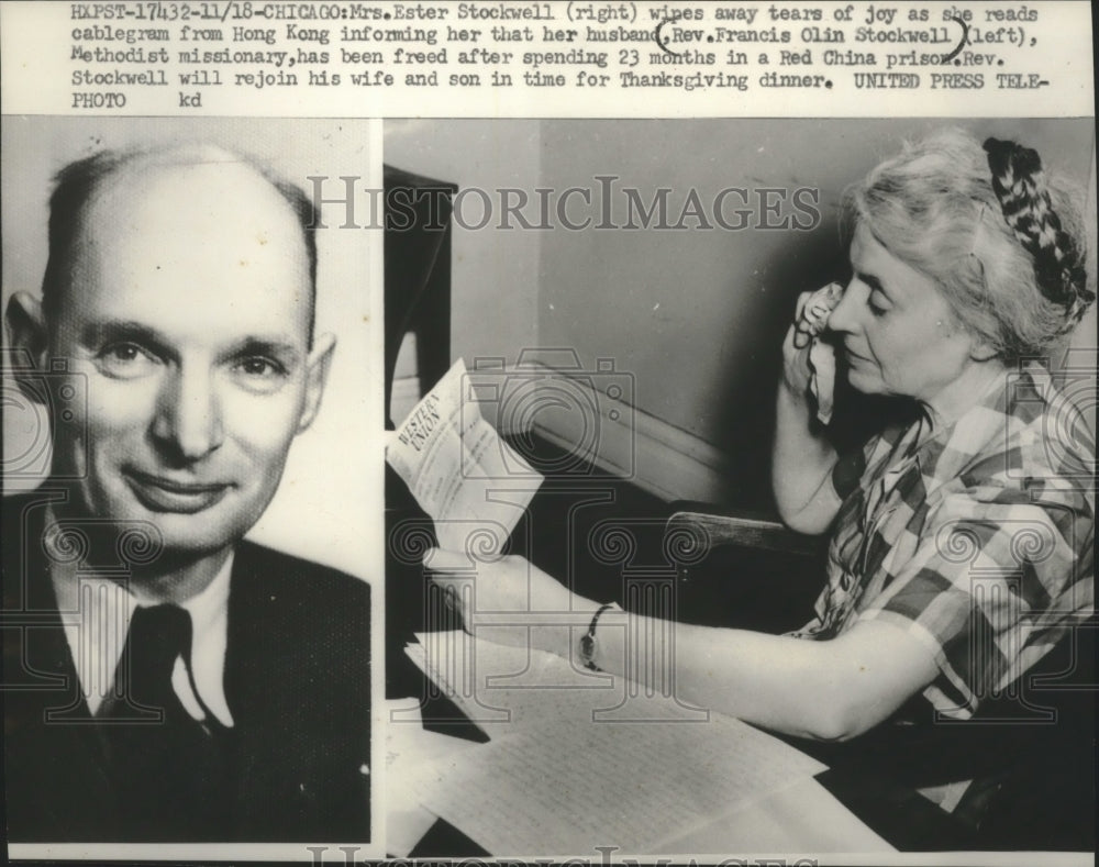 1952, Ester Stockwell reading cable for release of husband, Chicago. - Historic Images