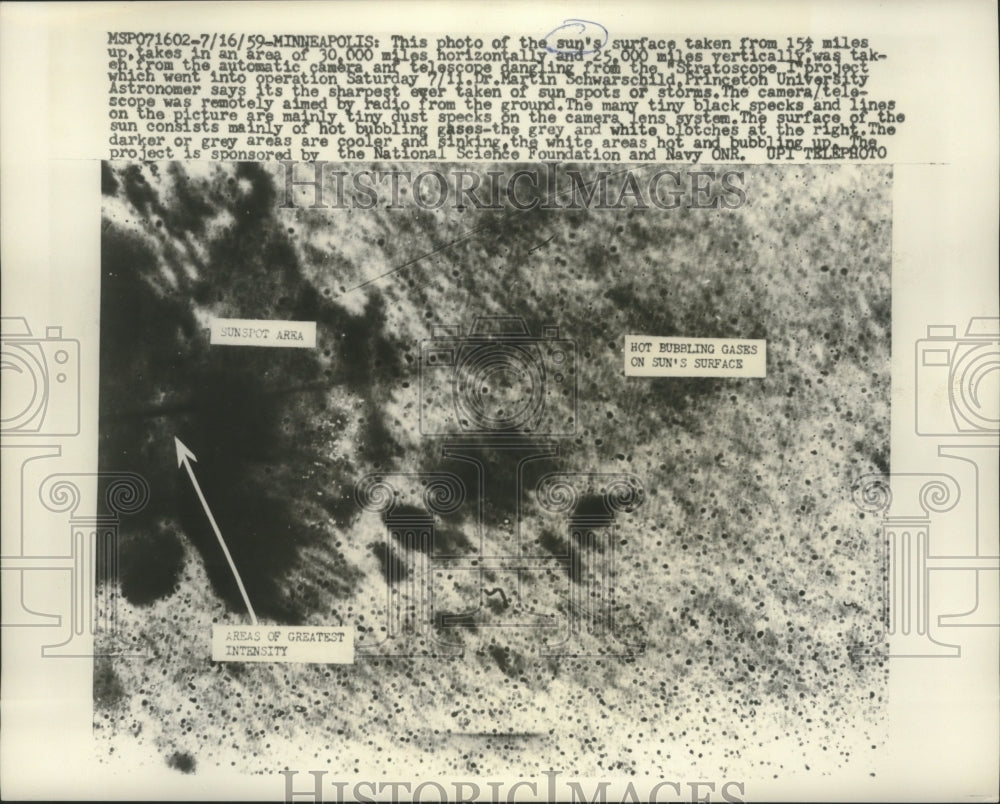 1959 Photo of the sun's surface from 15.5 miles up - Historic Images