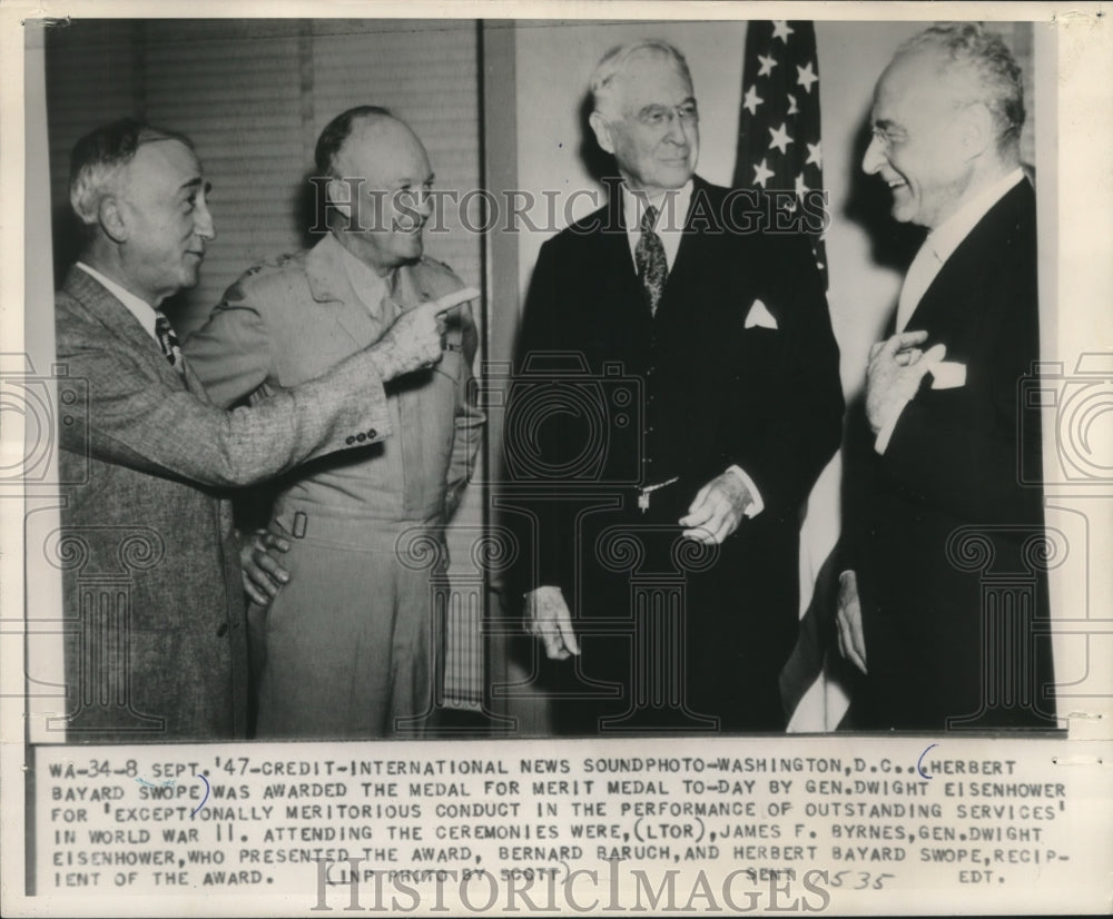 1947 Press Photo Dwight Eisenhower awards Herbert Bayard Swope WWII Merit Medal - Historic Images