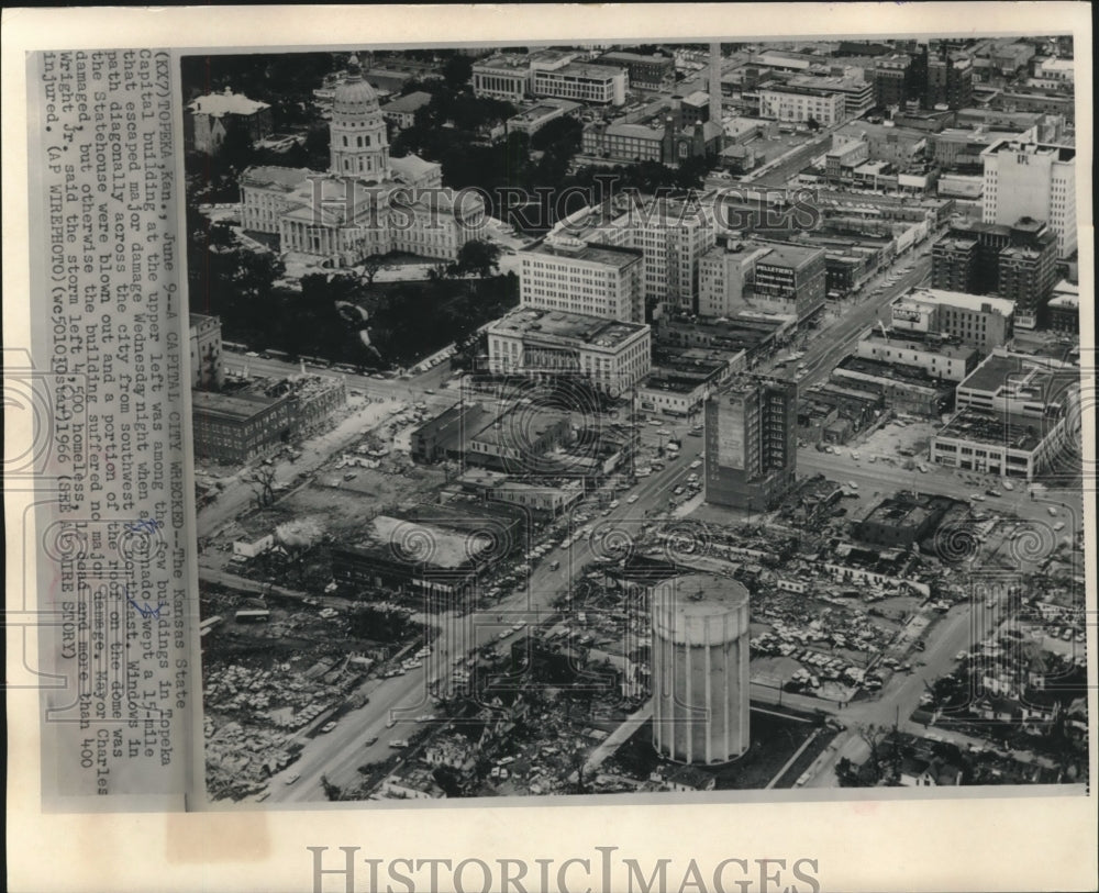1966 Press Photo Aerial of, tornado destroyed downtown buildings, Topeka Kansas - Historic Images