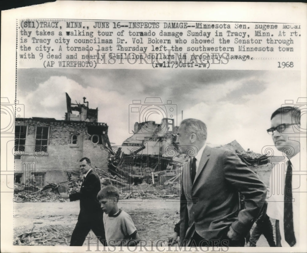 1968 Press Photo Senator McCarthy and others tour tornado damage in Minnesota - Historic Images