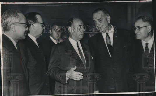 1965, President Johnson with Adlai Stevenson and other UN personnel - Historic Images