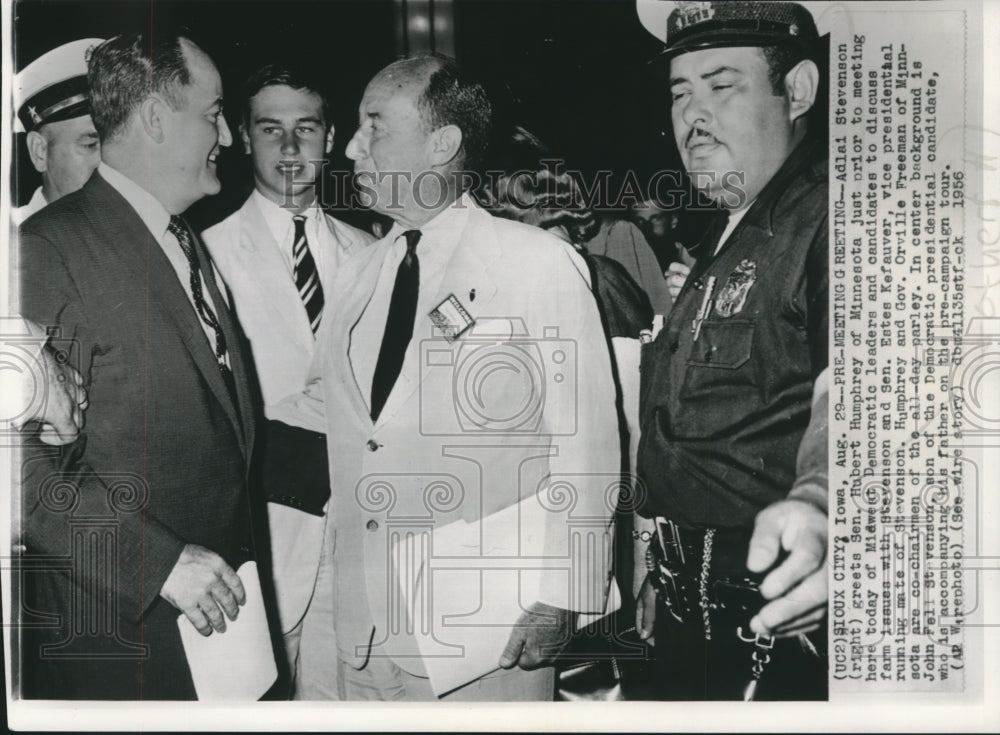 1956, Adlai Stevenson and Senator Hubert Humphrey meet in Iowa - Historic Images