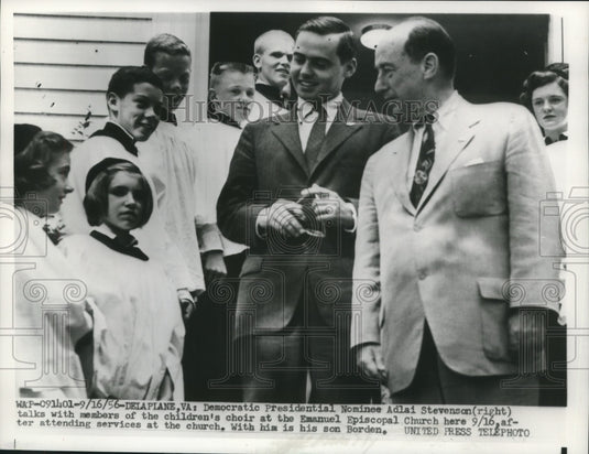 1956, Presidential Nominee Adlai Stevenson talks to children's choir - Historic Images