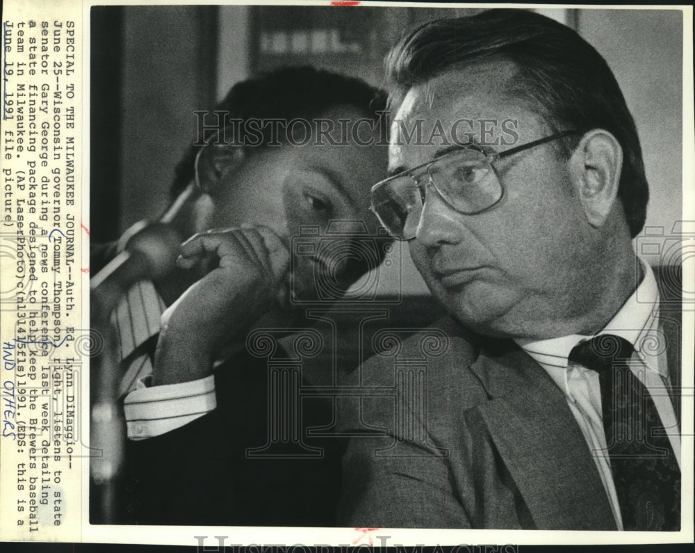 1991 Press Photo Wisconsin governor Tommy Thompson and State Senator Gary George - Historic Images