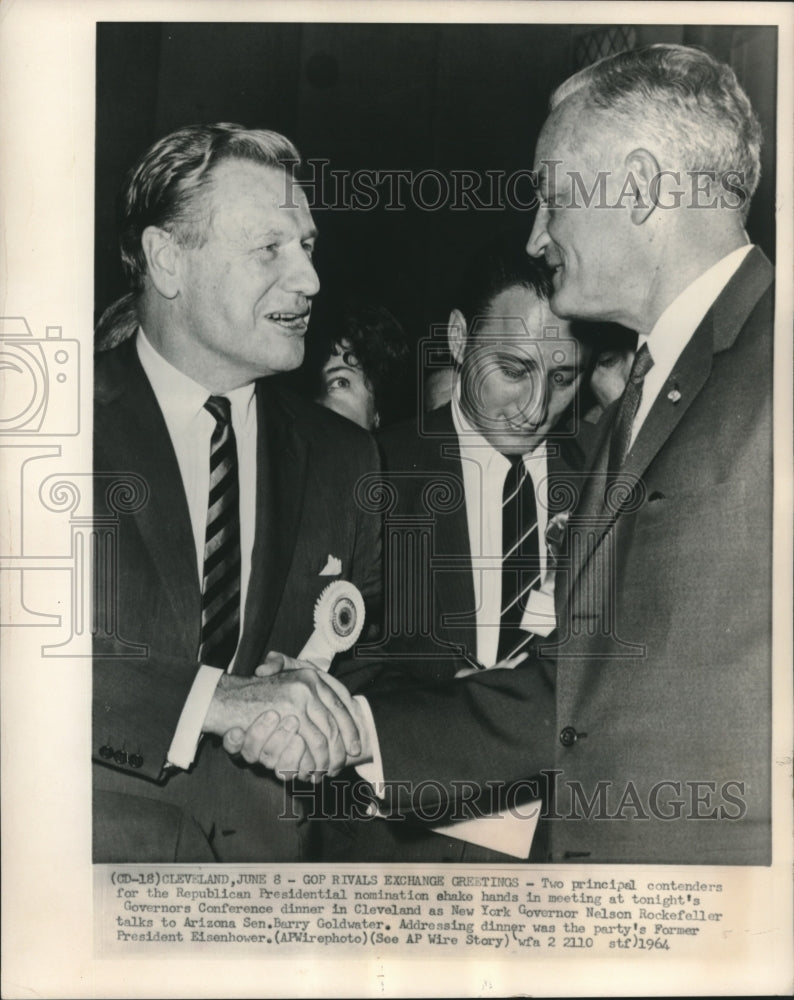 1964 Press Photo Gov. Rockefeller and Senator Goldwater shake hands in Cleveland - Historic Images