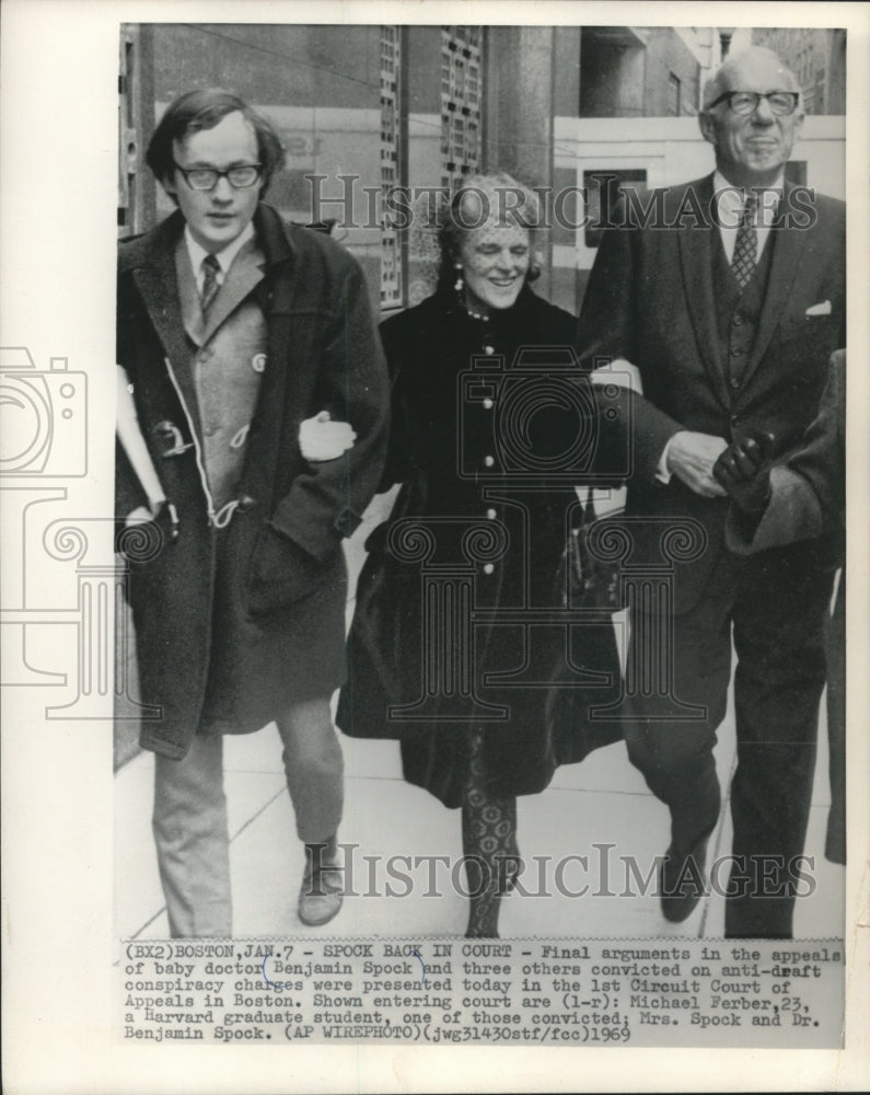 1969, Dr. Benjamin Spock, wife, and Michael Ferber at court Boston - Historic Images