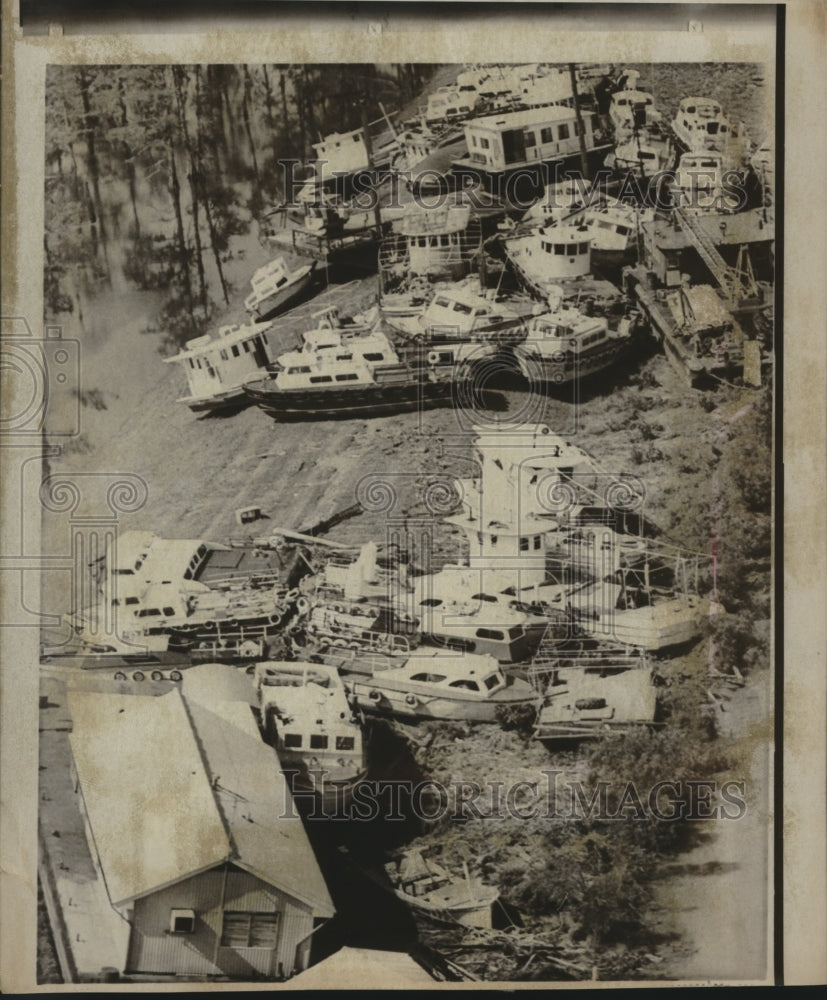 1969 Press Photo Boat piles near Boothville, Louisiana after hurricane Camille-Historic Images