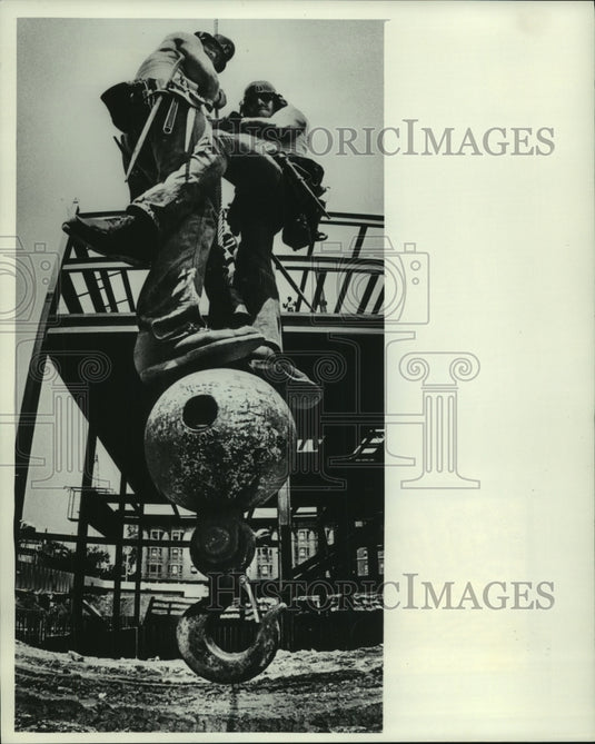 1977, Bob Menghe & Brent Emons ironworkers on top building Milwaukee - Historic Images