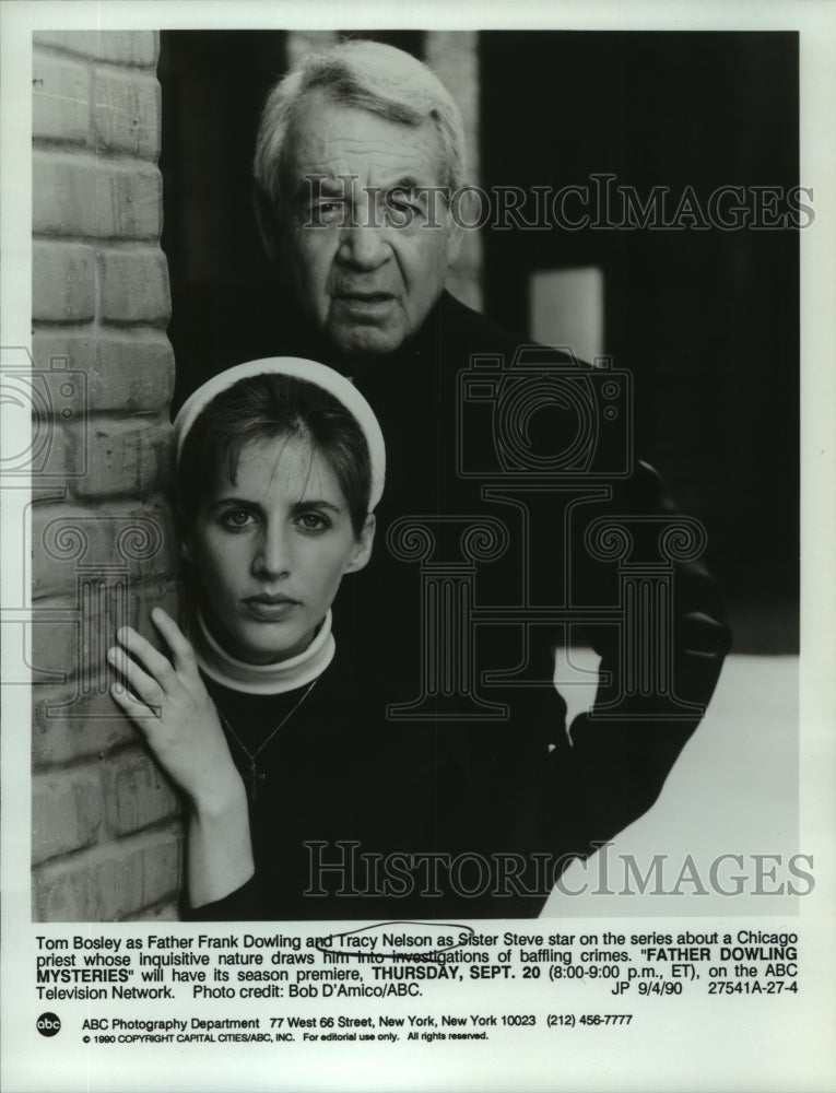 1990 Press Photo Tom Bosley and Tracy Nelson star in &quot;Father Dowling Mysteries.&quot; - Historic Images