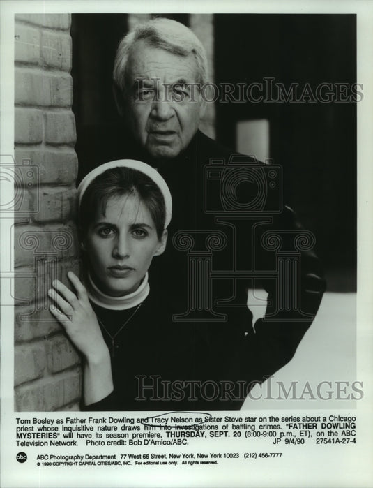 1990 Press Photo Tom Bosley and Tracy Nelson star in "Father Dowling Mysteries." - Historic Images