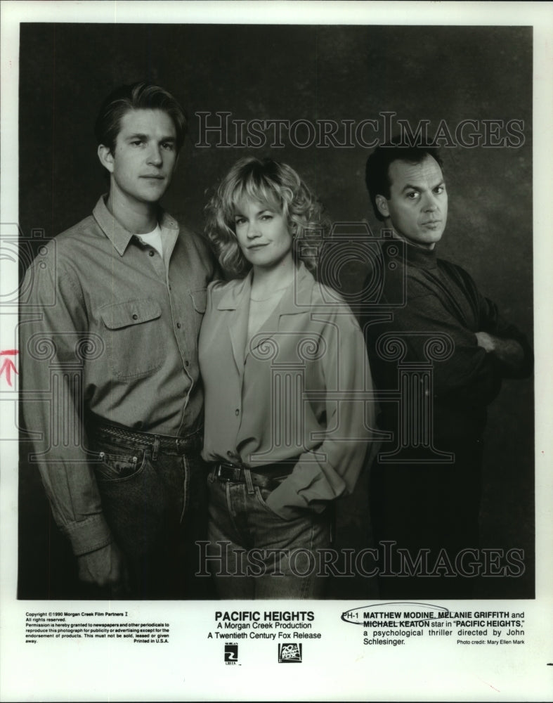1990 Press Photo Actors Matthew Modine, Melanie Griffith and Michael Keaton - Historic Images