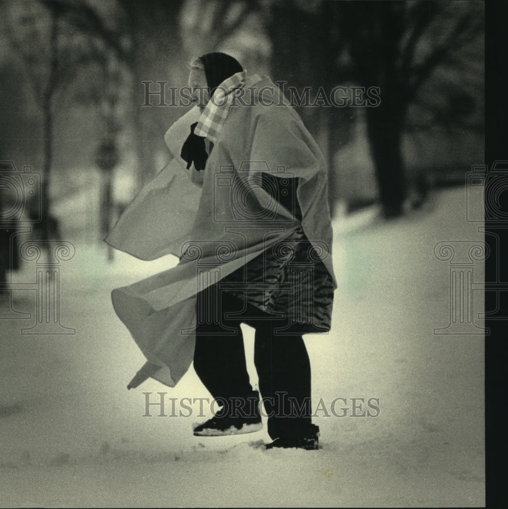 1987 Press Photo Bundled up women walks through snow, N. Astor St, Wauwatosa - Historic Images