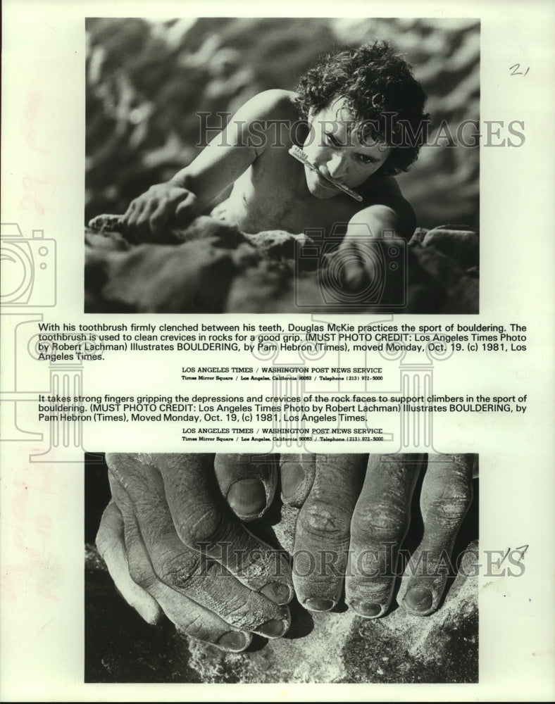 1981 Douglas McKie is bouldering, Toothbrush is to clean crevices. - Historic Images