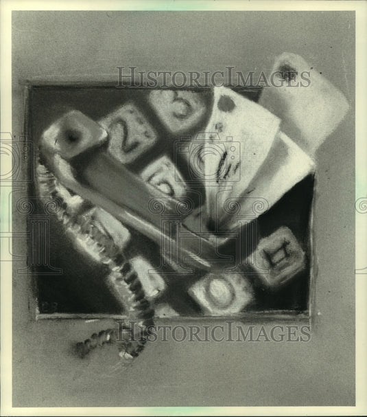 1994, Image of telephone, keypad and envelopes coming out of handset - Historic Images