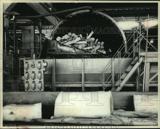 1969 Press Photo Hug Machine Crushes Logs at Lumber Mill at Bratsk, Russia - Historic Images