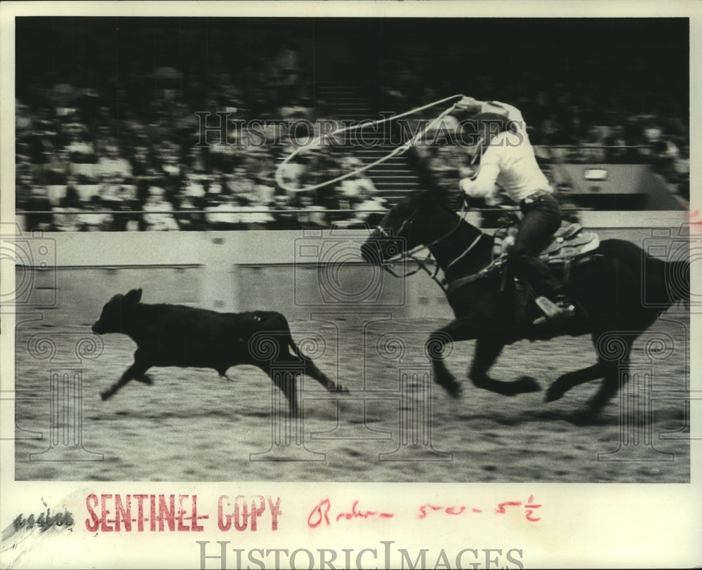 1967 Press Photo Cowboy Lassoing Calf at the Wonago Rodeo in Wisconsin- Historic Images