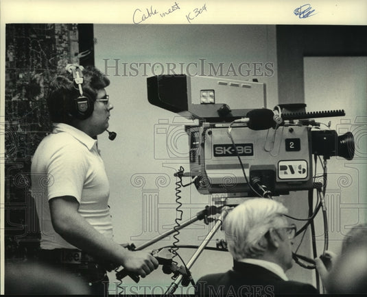 1983, Cable television cameraman at Brookfield Common Council meeting - Historic Images