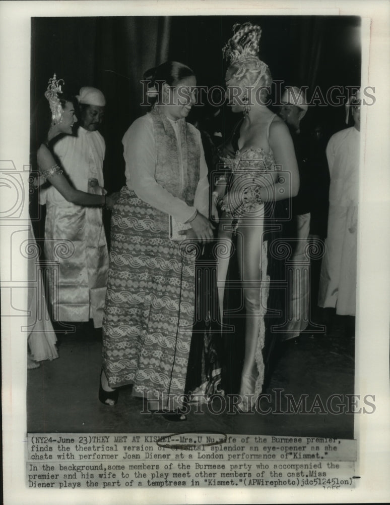 1955, Mrs. U Nu, wife of the Burmese premier, chats with performer - Historic Images