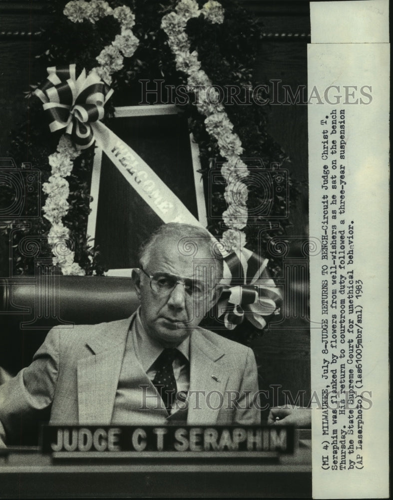1983 Press Photo Judge Christ Seraphim returns to bench after 3-year suspension - Historic Images