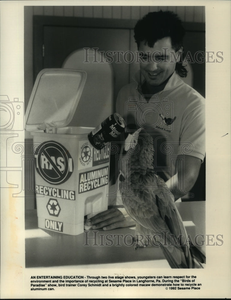1992 Parrot at Sesame Place puts can in recycle bin, Philadelphia-Historic Images
