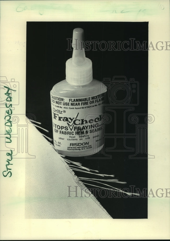 1985 Press Photo &quot;Fray Check&quot; sealant for frayed edges - mjc07498 - Historic Images
