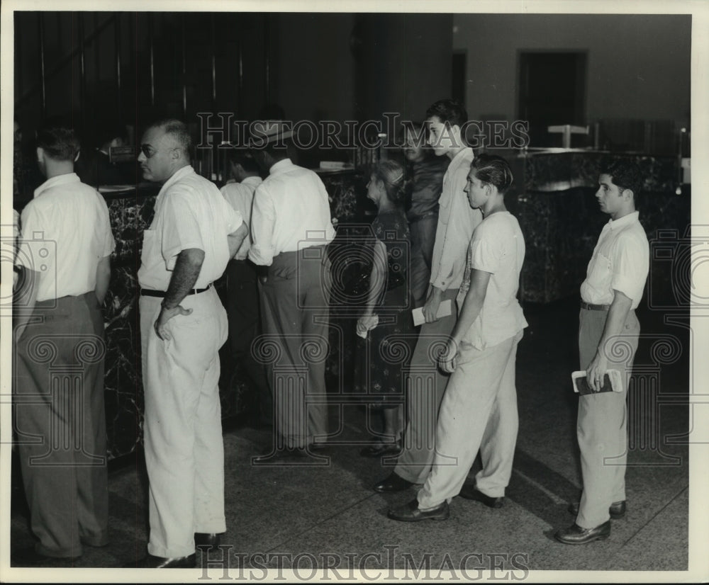 1956, Workers Line Up At &quot;Deposit&quot; Window Of Bank In Puerto Rico - Historic Images