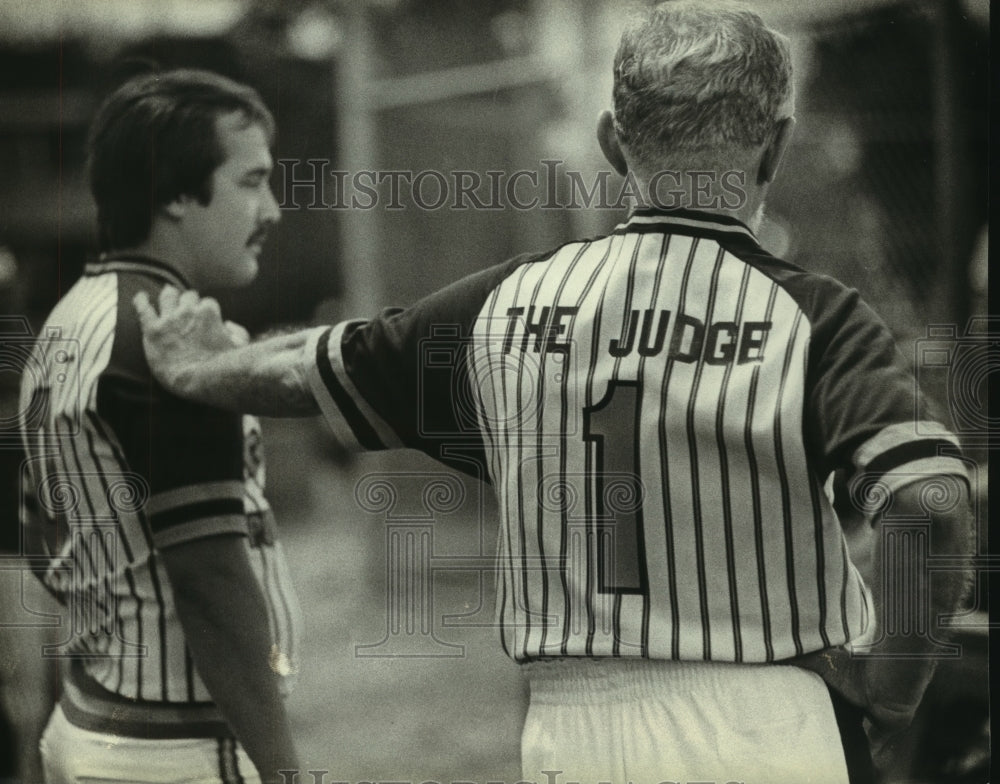 1981, Wisconsin judge Christ Seraphim's new softball uniform - Historic Images