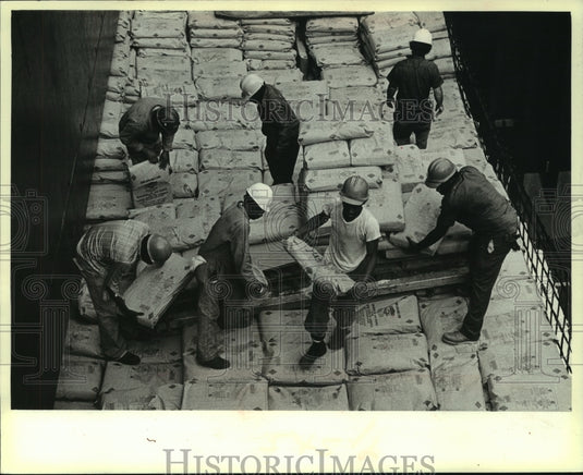 1979, Workers unloading cargo inside the hold, Jones Island. - Historic Images