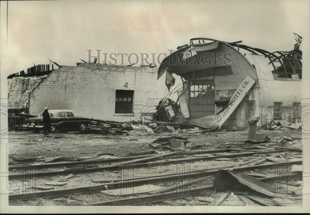 1959, Sheets of steel roof in Brown County ripped off in tornado - Historic Images