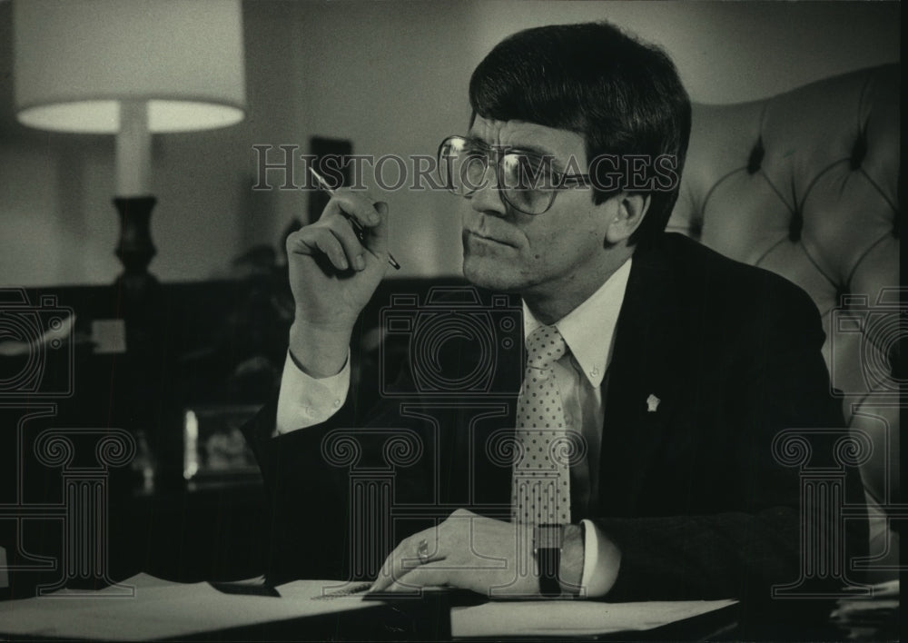 1987, Senator Joseph Strohi in his office at State Capitol, Wisconsin - Historic Images