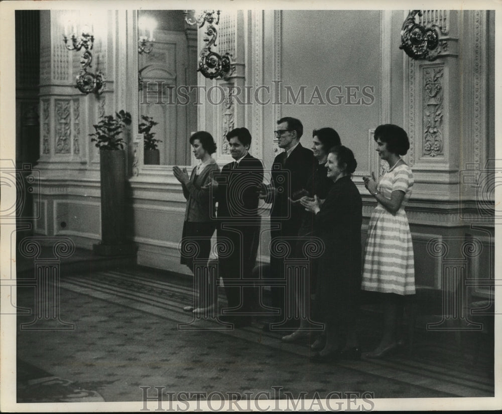 1963 Press Photo Wedding guests applaud a newlywed couple in Russia - mjc08609 - Historic Images