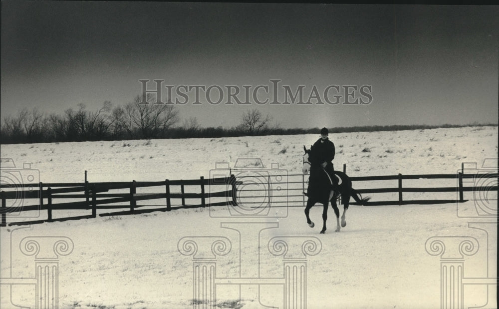 1986 Press Photo Ellen Van Dyke, equestrian riding her horse , Wisconsin. - Historic Images