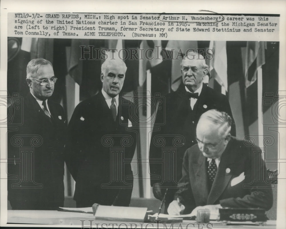 1945, Senator Arthur Vandenberg singing the UN charter, California - Historic Images